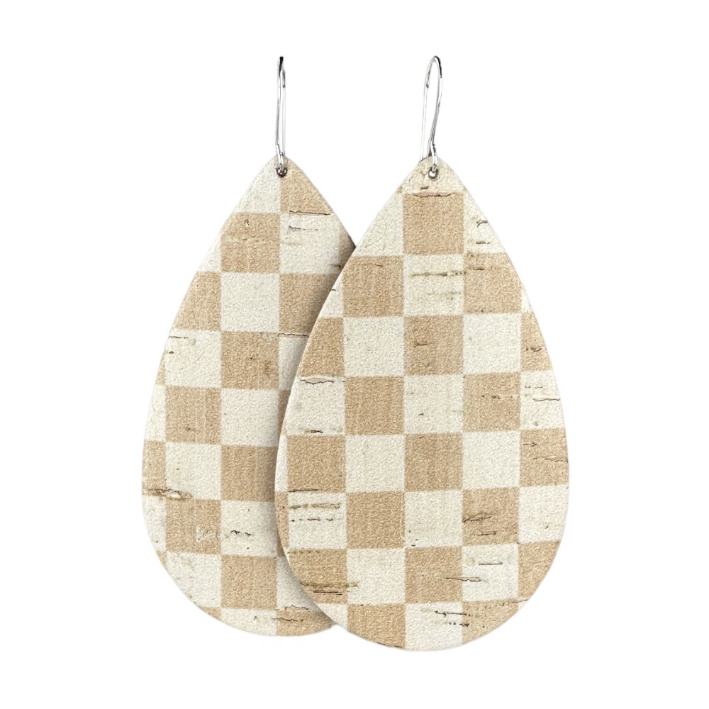 Cream Checkerboard Teardrop Cork Earrings - Eleven10Leather and Designs