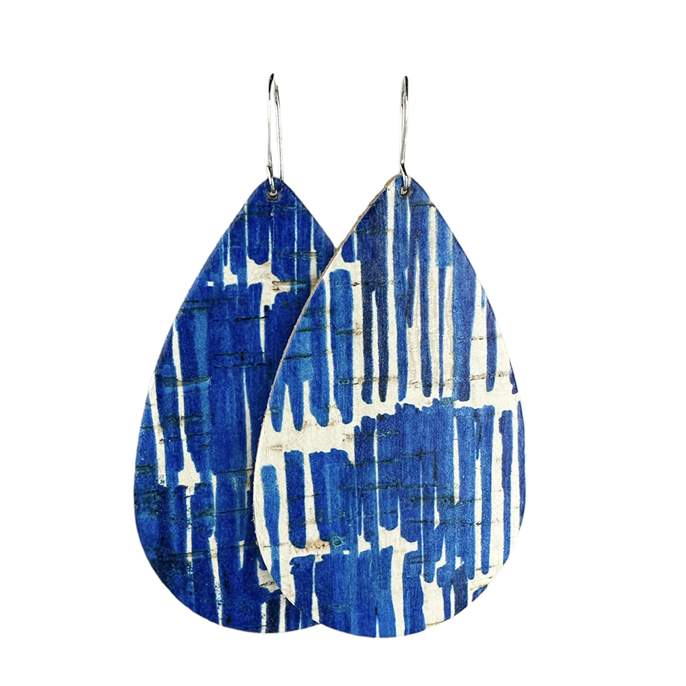 Dyed Indigo Teardrop Cork Earrings - Eleven10Leather and Designs