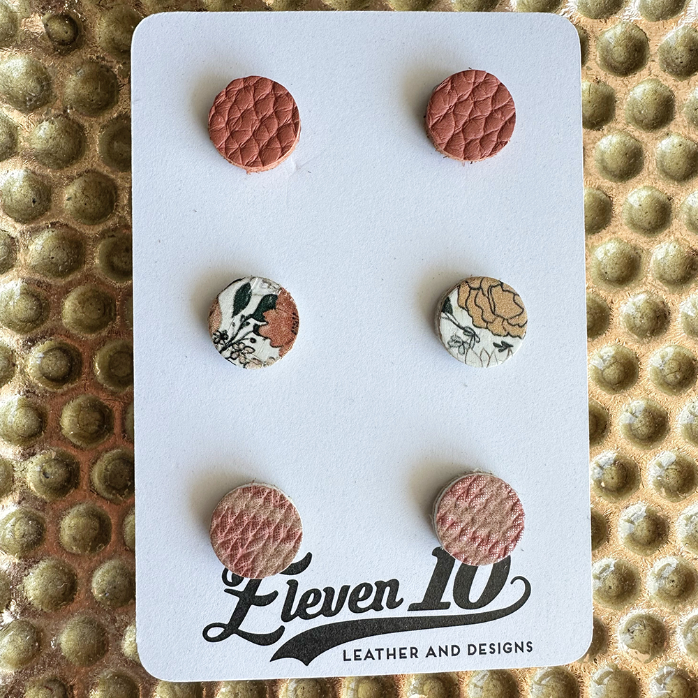 Peach Floral Leather Stud Earrings - Eleven10Leather and Designs
