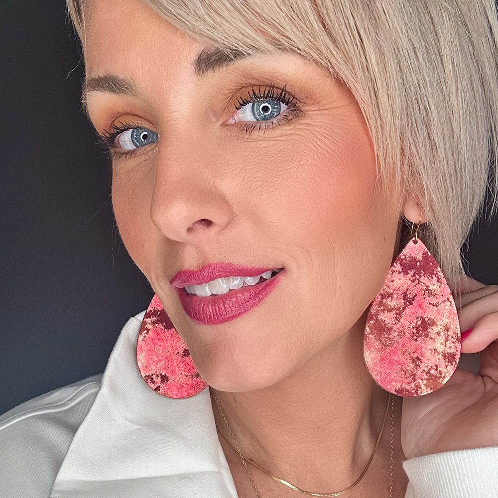 Pink Flame Teardrop Leather Earrings - Eleven10Leather and Designs