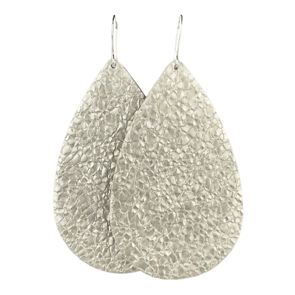 Platinum Crackle Teardrop Leather Earrings - Eleven10Leather and Designs