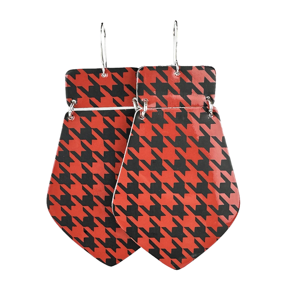 Red and Black Houndstooth Maxi Leather Earrings - Eleven10Leather and Designs