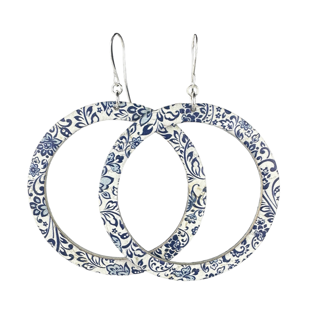 Blue Willow Hoop Cork Earrings - Eleven10Leather and Designs