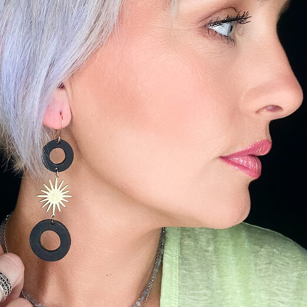 Washed Black Sun Drop Leather Earrings - Eleven10Leather and Designs